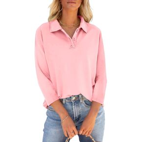 PGANDS Women's 3/4 Sleeve T Shirts Summer V Neck Button Down Polo Shirts Collared Casual Loose Fit Tops