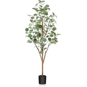 Artificial Eucalyptus Tree 6ft, Tall Fake Eucalyptus Tree with Natural Wood Trunk and Silver Dollar Leaves, Silk Faux Eucalyptus Artificial Plants for Indoor Home Decor Office, 1Pcs