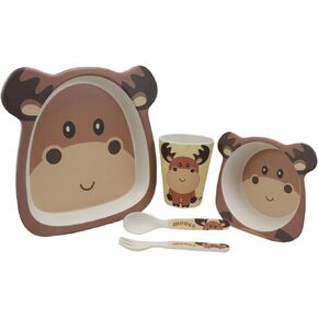 Ebros Whimsical 5 Piece Dinnerware Set For Kids Children Toddler Baby Made Of No BPA Eco Friendly Organic Bamboo Fiber Fork Spoon Plate Bowl And Cup Essentials (Animal Kingdom Lion King)