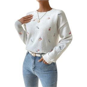 RoseSeek Women's Floral Embroidery Sweater Long Sleeve Crewneck Pullover Tops Trendy Drop Shoulder Knit Tops