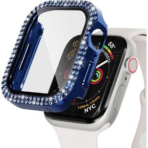 Bling Case for Apple Watch 41mm Screen Protector Series 9/8/7, Women Glitter Diamond Crystal Rhinestone Hard PC Cover Bumper Protector Cover for iWatch Accessories 41mm, Blue