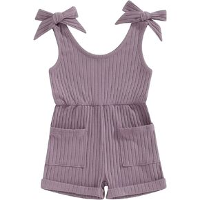 Toddler Baby Girl Romper Summer Ribbed Bow Straps Jumpsuit Playsuit Botton Down Tank Vest Romper One Piece Outfits