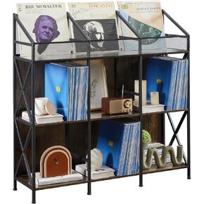 9 Grids Vinyl Record Storage Holder Rack， Wooden Record Display Table for Magazines Files Albums Books for Living Room Bedroom Patent Pending
