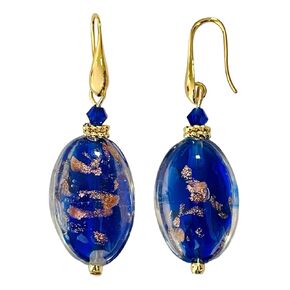 Murano Glass Earrings (Blue & Gold), Large 20mm Murano Oval Beads Earrings, Murano Glass Jewelry, 18k Gold Plated Drop Dangle Earrings for Women, Handmade