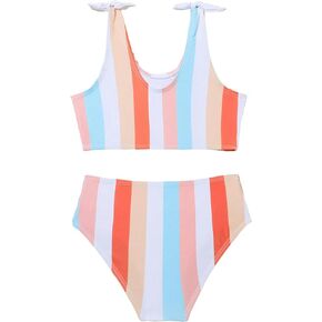 SweatyRocks Girl's Striped Print 2 Piece Bathing Suit Colorblock Tie Shoulder High Waist Bikini Swimsuits