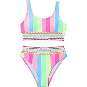 Milumia Girl's 2 Piece Striped Swimsuits Scoop Neck High Waist Stitch Tape Bikini Swimwear