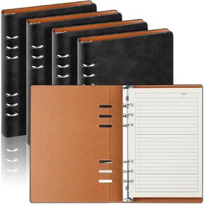 Henoyso 4 Pcs A5 Binder 6 Ring Binder Notebook, PU Leather Refillable Notebook with 100 Sheets Paper, Professional Notebook for Office School Supplies, 9 x 6.49 Inch, Black