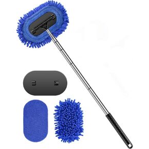 Kwak's 3-in-1 Microfiber Car Wash Brush with Retractable Long Handle Auto Glass Squeegee,Car Windshield Cleaning Tool-Essential Tools for Car Washing