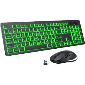 Large Print Wireless Keyboard and Mouse - 7 Colors Backlit Keyboard, Oversize Letters Keys Easy to See and Type, Rechargeable Keyboard and Mouse with Light Up Key, Compatible for PC, Windows, Gaming