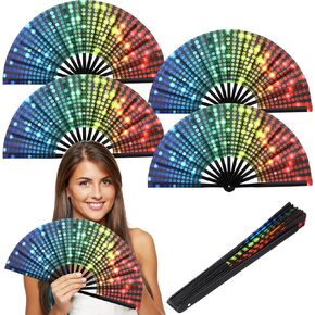 4 Pcs Large Folding Rave Fan Women/Men Carnival Party Rainbow Sequin Pattern Pride Handheld Fan Christmas Drag Queen Festival Fan Chinese Bamboo Nylon Cloth Craft Folding Hand Fan