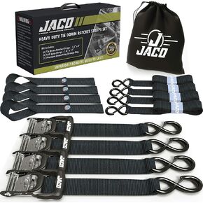 JACO Heavy Duty Ratchet Straps - 1.6 inch x 8 ft (4 Pack) | Tie Down Kit with Soft Loops - 5,208 lbs (Black)