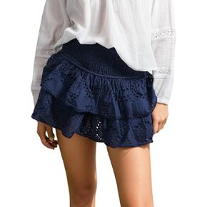 Women's High Waist Smock Eyelet Tiered Ruffle Mini Skirts Solid A Line Summer Party Short Skirt