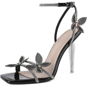 Zamikoo Open Toe Ankle Strap High Heels for Women, Square Toe Butterfly Heeled Sandals, Strappy Clear Stiletto Butterfly Heels 4 Incheses