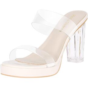 Heels Charm Women's Platform Heels Clear Chunky Block Heeled Sandals Open Toe Two Strap Slip On Block High Heel Sandal Dress Dancing Sandals Daily Work Party Shoes