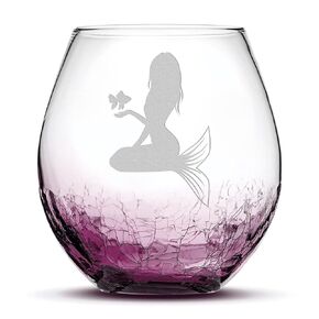Integrity Bottles, Mermaid Design #5, (Single) Stemless Wine Glass, Handmade, Handblown, Hand Etched Gifts, Sand Carved, 18oz (Crackle Purple)
