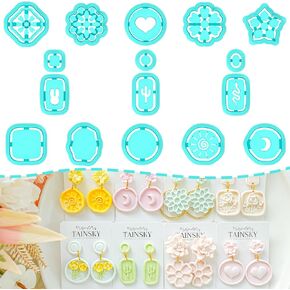 TAINSKY Embossed Clay Cutters, 16 Shapes Polymer Clay Cutters for Earrings Making,Floral Polymer Clay Cutters, Polymer Clay Cutters& Studs for Earrings, Organic Clay Cutters for Polymer Clay Jewelry