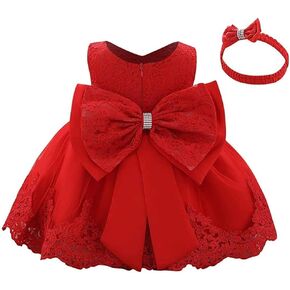 Baby Girls Lace Bowknot Flower Dresses Princess Wedding Birthday Pageant Baptism Christening Tutu Gown w/Headwear