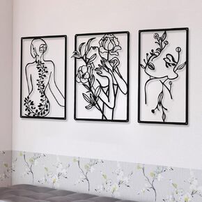 CHENGU 3 قطع معدنية بسيطة مجردة امرأة جدار الفن رسم جدار الفن ديكور خط واحد أنثى المنزل شنقا جدار الفن ديكور للمطبخ الحمام غرفة المعيشة (أسود، نمط جميل)