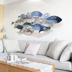 FMXYMC Coastal Ocean Metal Fish Wall Decor, 50"x 20" Large 3D Fish Wall Sculpture, Hand Painted Fish Hanging Decoration, for Living Room/Bedroom/Dining Room