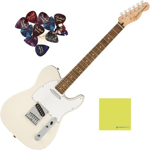 Fender Telecaster Guitar Squier Affinity Series لوحة أصابع الغار الهندية، حزمة بيضاء أوليمبية مع 12x ريشة جيتار فندر وقطعة قماش لتلميع الأدوات الصوتية السائلة in Saudi Arabia