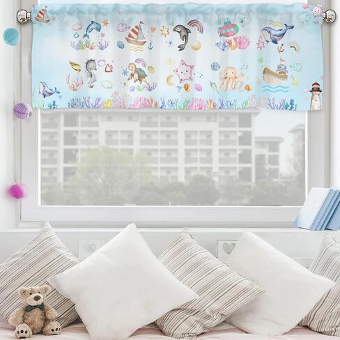 Colorful Sea Animals Valance 54''x18'' Kids Toddler Nursery Bedroom Window Decor Drapes Whale Dolphin Turtle Sea Horse Corals Rainbow Rod Pocket Short Curtains for Kitchen Living Room Bathroom 1 Pack in Saudi Arabia