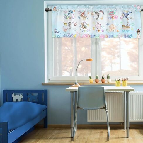 Colorful Sea Animals Valance 54''x18'' Kids Toddler Nursery Bedroom Window Decor Drapes Whale Dolphin Turtle Sea Horse Corals Rainbow Rod Pocket Short Curtains for Kitchen Living Room Bathroom 1 Pack in Saudi Arabia