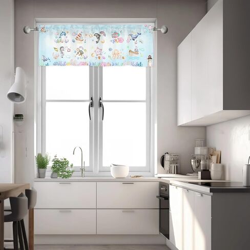 Colorful Sea Animals Valance 54''x18'' Kids Toddler Nursery Bedroom Window Decor Drapes Whale Dolphin Turtle Sea Horse Corals Rainbow Rod Pocket Short Curtains for Kitchen Living Room Bathroom 1 Pack in Saudi Arabia
