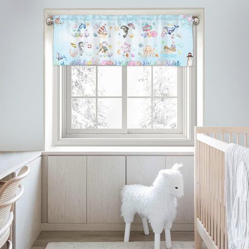 Colorful Sea Animals Valance 54''x18'' Kids Toddler Nursery Bedroom Window Decor Drapes Whale Dolphin Turtle Sea Horse Corals Rainbow Rod Pocket Short Curtains for Kitchen Living Room Bathroom 1 Pack in Saudi Arabia