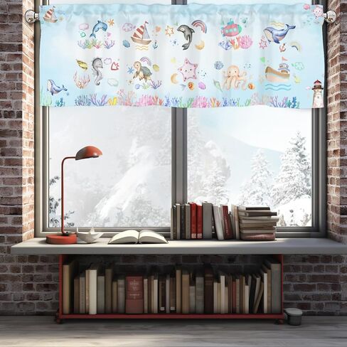 Colorful Sea Animals Valance 54''x18'' Kids Toddler Nursery Bedroom Window Decor Drapes Whale Dolphin Turtle Sea Horse Corals Rainbow Rod Pocket Short Curtains for Kitchen Living Room Bathroom 1 Pack in Saudi Arabia