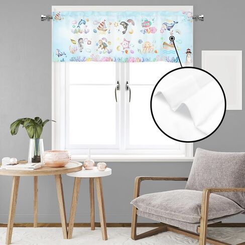 Colorful Sea Animals Valance 54''x18'' Kids Toddler Nursery Bedroom Window Decor Drapes Whale Dolphin Turtle Sea Horse Corals Rainbow Rod Pocket Short Curtains for Kitchen Living Room Bathroom 1 Pack in Saudi Arabia