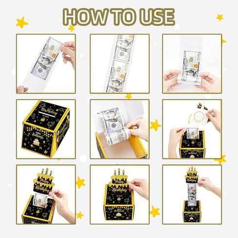 Happy Birthday Money Box for Cash Gift Pull Out, Black and Gold Surprise Gift Boxes for Kids Adults with Pull Out Happy Birthday Card and 30Pcs Transparent Bags - Creative Ways to Give Cash as A Gift in Kuwait