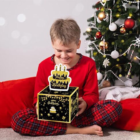 Happy Birthday Money Box for Cash Gift Pull Out, Black and Gold Surprise Gift Boxes for Kids Adults with Pull Out Happy Birthday Card and 30Pcs Transparent Bags - Creative Ways to Give Cash as A Gift in Kuwait