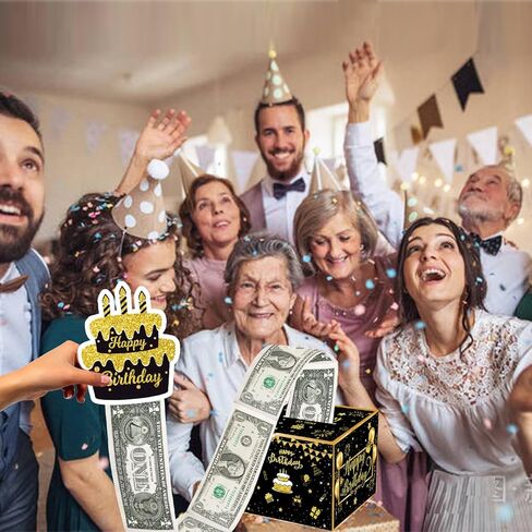 Happy Birthday Money Box for Cash Gift Pull Out, Black and Gold Surprise Gift Boxes for Kids Adults with Pull Out Happy Birthday Card and 30Pcs Transparent Bags - Creative Ways to Give Cash as A Gift in Kuwait