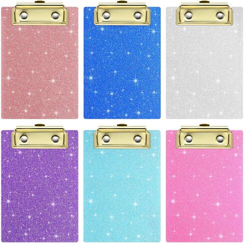 Junkin 6 Pcs Glitter Mini Clipboards 4 x 6 Inch Bling Clipboard Small Clipboards Acrylic Pocket Cute Clipboard with Profile Clip for Small Notepad School Classroom Students Women Girls, 6 Colors in Saudi Arabia