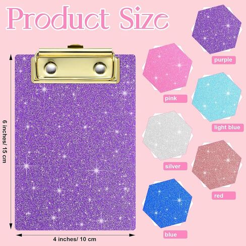 Junkin 6 Pcs Glitter Mini Clipboards 4 x 6 Inch Bling Clipboard Small Clipboards Acrylic Pocket Cute Clipboard with Profile Clip for Small Notepad School Classroom Students Women Girls, 6 Colors in Saudi Arabia