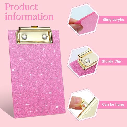 Junkin 6 Pcs Glitter Mini Clipboards 4 x 6 Inch Bling Clipboard Small Clipboards Acrylic Pocket Cute Clipboard with Profile Clip for Small Notepad School Classroom Students Women Girls, 6 Colors in Saudi Arabia
