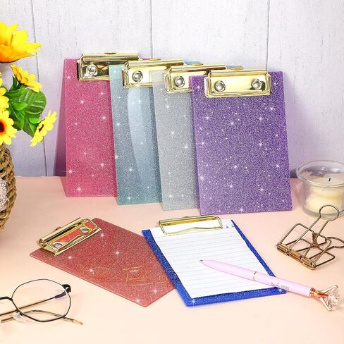 Junkin 6 Pcs Glitter Mini Clipboards 4 x 6 Inch Bling Clipboard Small Clipboards Acrylic Pocket Cute Clipboard with Profile Clip for Small Notepad School Classroom Students Women Girls, 6 Colors in Saudi Arabia