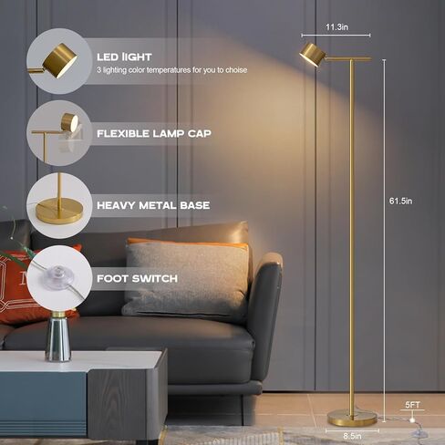 Floor Lamps for Living Room, 3 Color Temperatures Floor Reading Lamp with Flexible Head,Modern Tall Floor Lamp for Bedroom,Standing Lamp for Office Working,Black in Kuwait