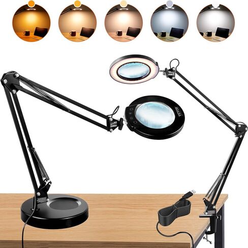 VEVOR 5X Magnifying Glass with Light and Stand, 【Upgraded】 5 Color Modes Stepless Dimmable, 4.3" Glass Lens Magnifier Desk lamp, 2-in-1 Magnifying Light and Stand for Crafts, Reading, Close Work in Saudi Arabia
