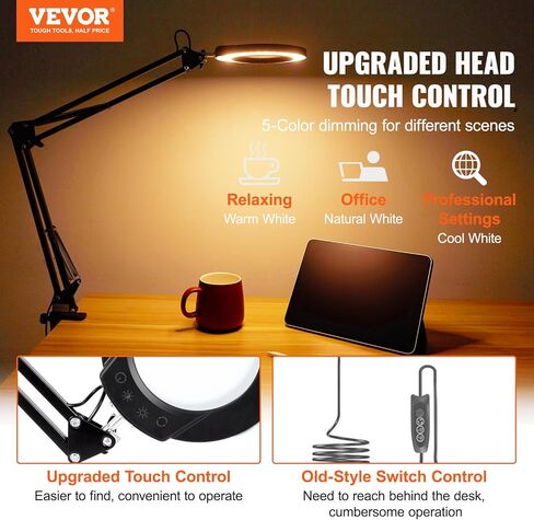 VEVOR 5X Magnifying Glass with Light and Stand, 【Upgraded】 5 Color Modes Stepless Dimmable, 4.3" Glass Lens Magnifier Desk lamp, 2-in-1 Magnifying Light and Stand for Crafts, Reading, Close Work in Saudi Arabia