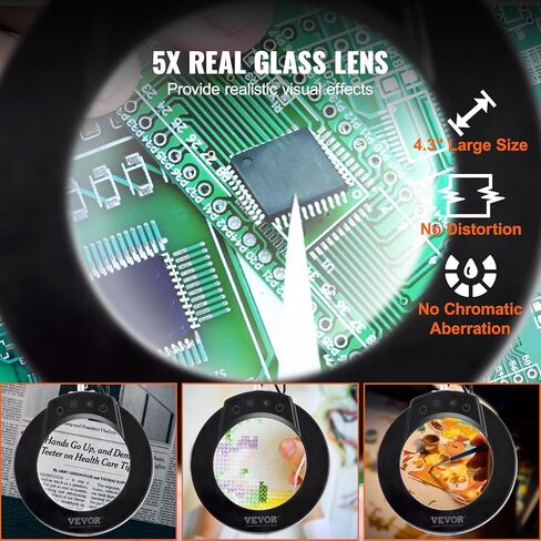 VEVOR 5X Magnifying Glass with Light and Stand, 【Upgraded】 5 Color Modes Stepless Dimmable, 4.3" Glass Lens Magnifier Desk lamp, 2-in-1 Magnifying Light and Stand for Crafts, Reading, Close Work in Saudi Arabia