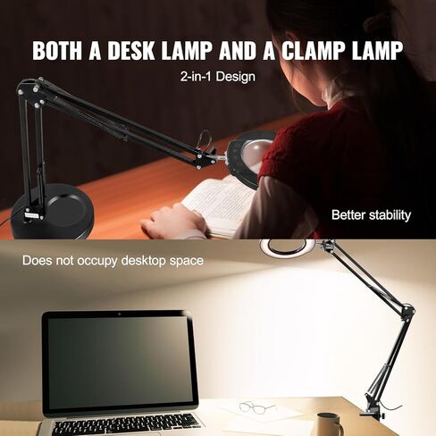 VEVOR 5X Magnifying Glass with Light and Stand, 【Upgraded】 5 Color Modes Stepless Dimmable, 4.3" Glass Lens Magnifier Desk lamp, 2-in-1 Magnifying Light and Stand for Crafts, Reading, Close Work in Saudi Arabia
