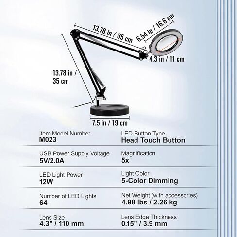 VEVOR 5X Magnifying Glass with Light and Stand, 【Upgraded】 5 Color Modes Stepless Dimmable, 4.3" Glass Lens Magnifier Desk lamp, 2-in-1 Magnifying Light and Stand for Crafts, Reading, Close Work in Saudi Arabia