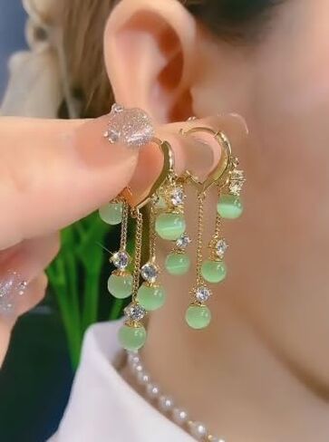 Jade Earrings Green Earrings for Women Jade Tassel Earrings Crystal Huggie Hoop Earrings Jade Jewelry for Women in Saudi Arabia
