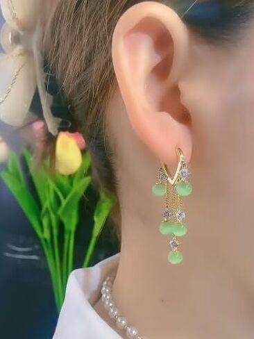 Jade Earrings Green Earrings for Women Jade Tassel Earrings Crystal Huggie Hoop Earrings Jade Jewelry for Women in Saudi Arabia