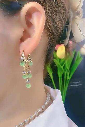 Jade Earrings Green Earrings for Women Jade Tassel Earrings Crystal Huggie Hoop Earrings Jade Jewelry for Women in Saudi Arabia