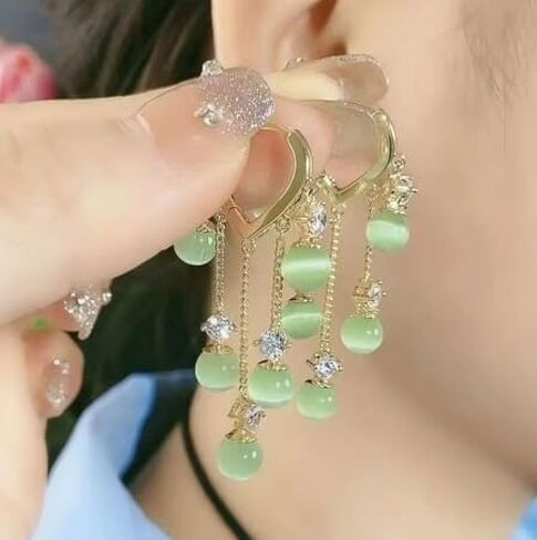 Jade Earrings Green Earrings for Women Jade Tassel Earrings Crystal Huggie Hoop Earrings Jade Jewelry for Women in Saudi Arabia