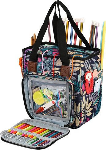 LOOEN Yarn Knitting Storage Tote-Large Capacity Crochet Organizer Portable Travel Bag with Shoulder Strap Crochet Hooks Case for Unfinished Bulk Project in Saudi Arabia