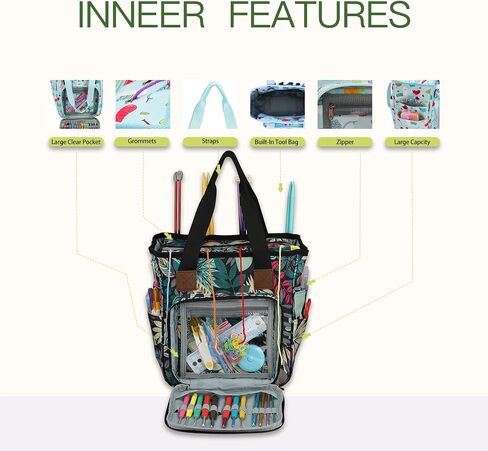 LOOEN Yarn Knitting Storage Tote-Large Capacity Crochet Organizer Portable Travel Bag with Shoulder Strap Crochet Hooks Case for Unfinished Bulk Project in Saudi Arabia