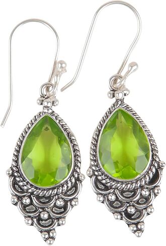 Vintage Glamour Exquisite Gemstone Oxidised Earrings Handmade in 925 Sterling Silver (Green Peridot) in Saudi Arabia